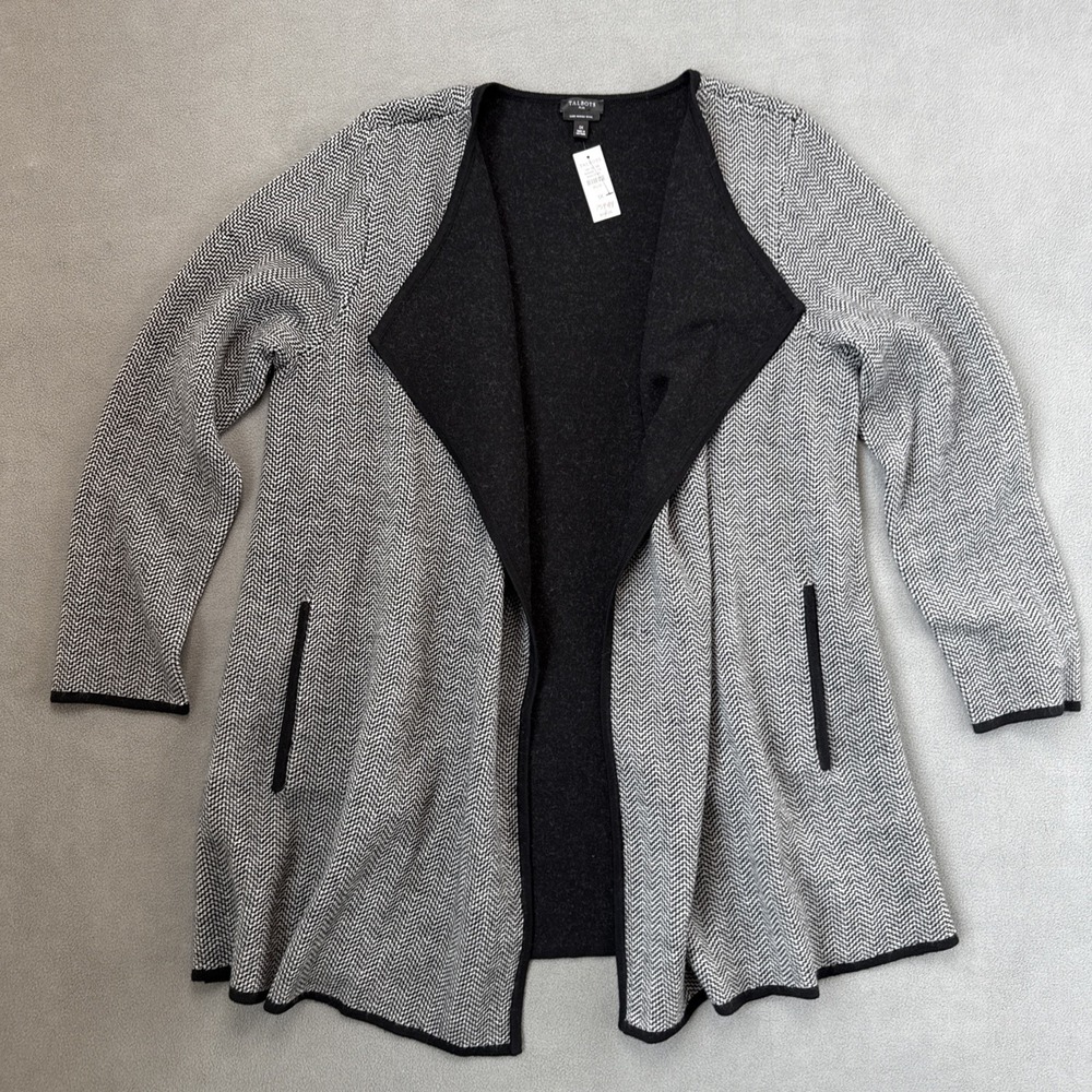 Talbots‎ Plus Merino Wool Open Front Cardigan 1X Black Herringbone Knit Coatigan
